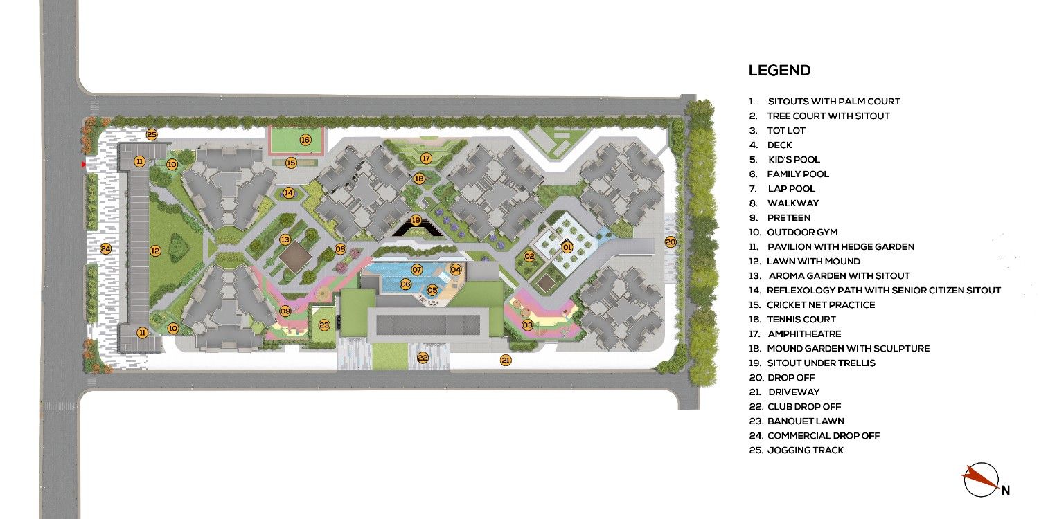 RGs Pleiaddes ground floor site plan with 25 numbered landscape zones